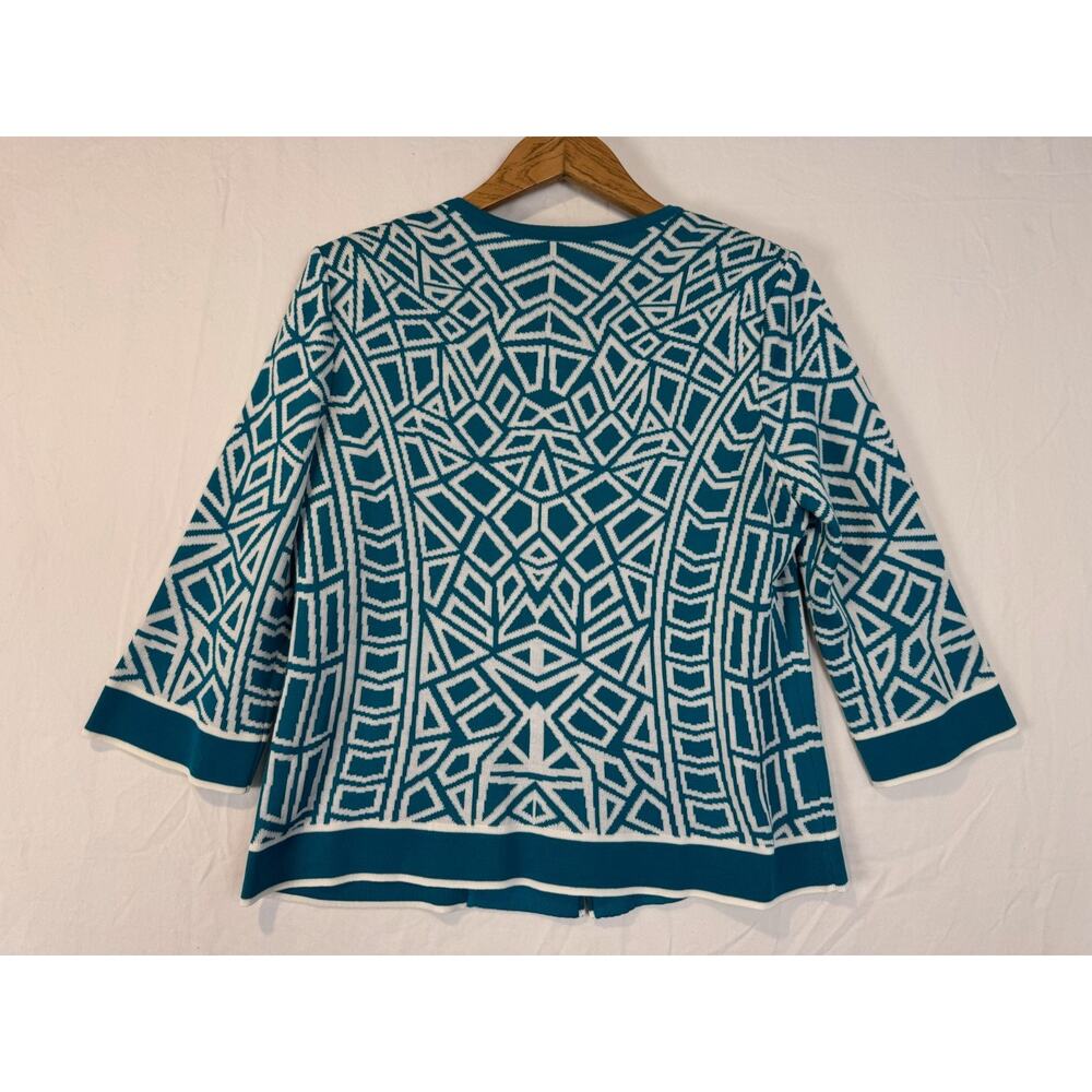 Misook Cardigan Sweater Womens Petite Medium‎ PM Geometric Teal Zip Up Knit - Picture 4 of 5